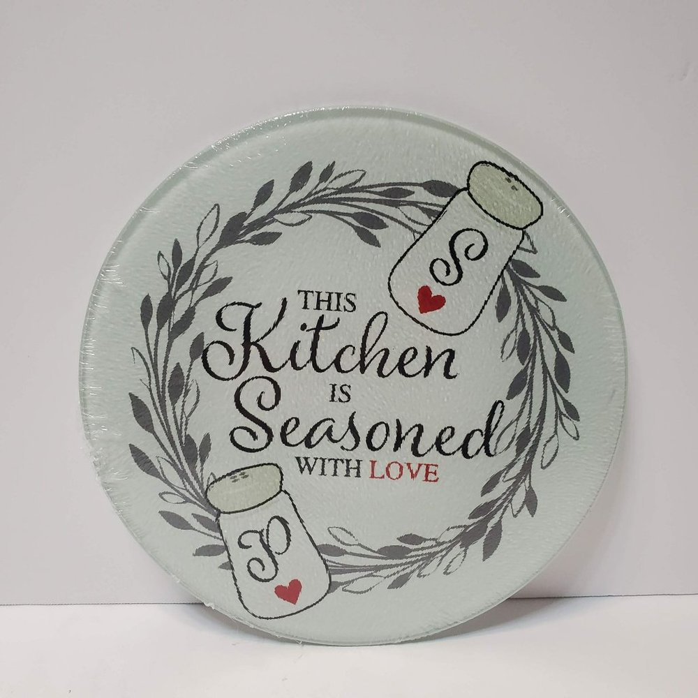 Glass Cutting Board / Hot Mat / Trivet, Round, Kitchen is Seasoned With Love NWT